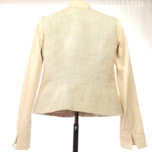 DANIER ITALIAN LEATHER/Tweed Jacket Stand Collar Faux Welt Pockets Cream Sz XS - Picture 4 of 11